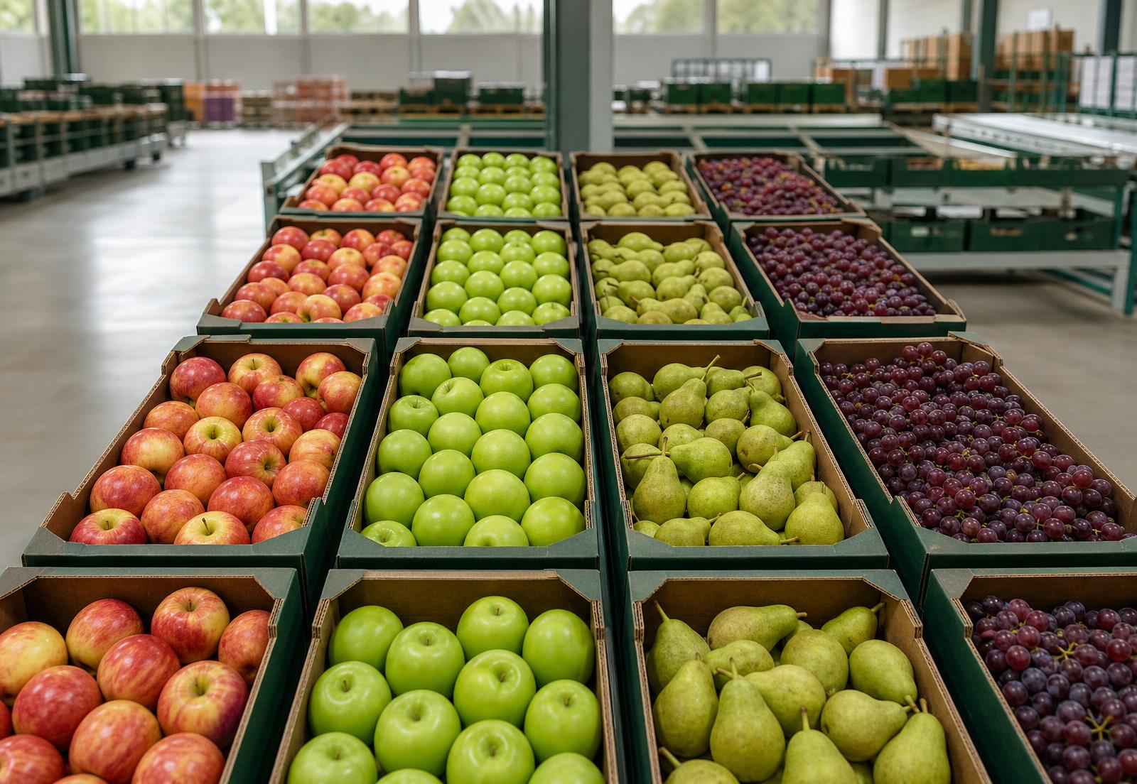 Export cartons of Class 1 red and green apples, Cape pears and Crimson Seedless grapes staged in a Western Cape pack-house